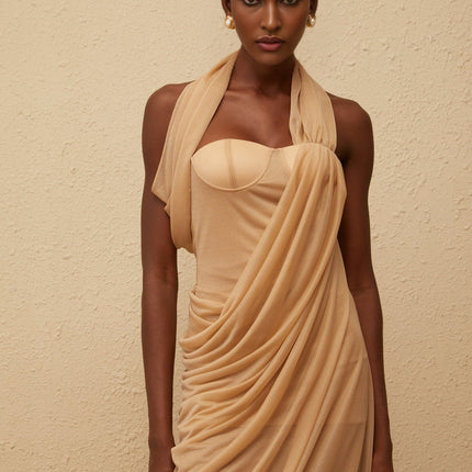 Ginetta Neutrals Halterneck Midi Dress with Tulle Paneling and Ruched Detailing in Khaki