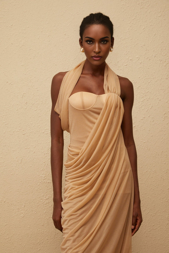 Ginetta Neutrals Halterneck Midi Dress with Tulle Paneling and Ruched Detailing in Khaki