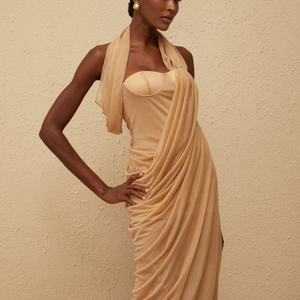 Ginetta Neutrals Midi Dress in Khaki Halterneck Open Back Tulle Ruched Detailing Sleeveless Calf Length