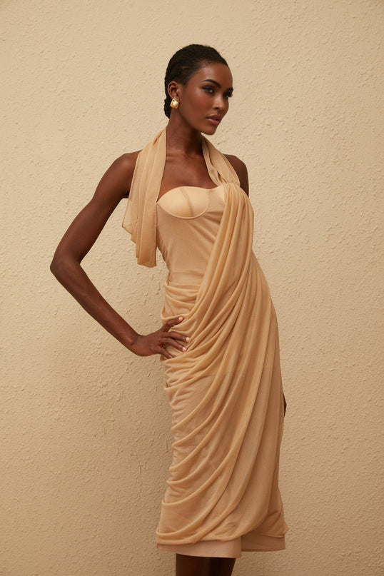 Ginetta Neutrals Midi Dress in Khaki Halterneck Open Back Tulle Ruched Detailing Sleeveless Calf Length