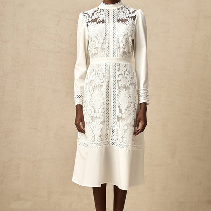 Ginetta White Floral Embroidered Midi Dress Panelled Cut Out