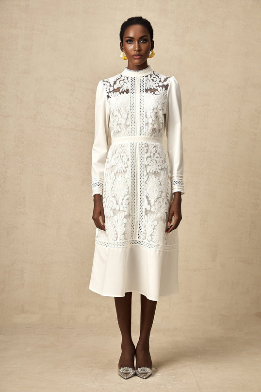 Ginetta White Floral Embroidered Midi Dress Panelled Cut Out