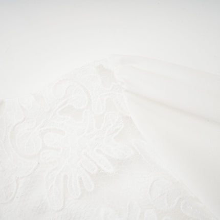 Ginetta White Midi Dress Panelled Cut Out Embroidered Floral Detail Mock Neck Long Sleeves Calf Length Rear Zip Fastening