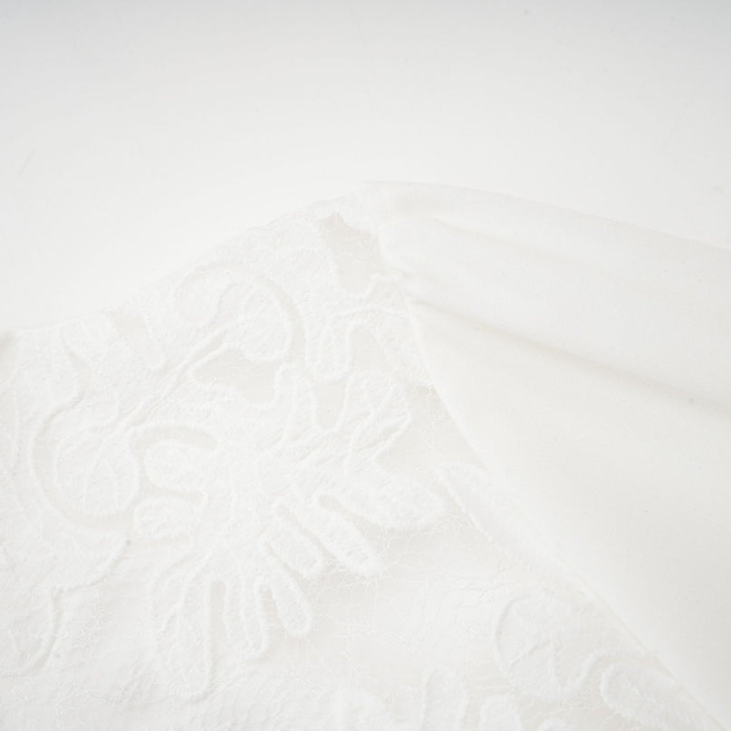 Ginetta White Midi Dress Panelled Cut Out Embroidered Floral Detail Mock Neck Long Sleeves Calf Length Rear Zip Fastening