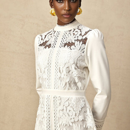 Ginetta White Midi Dress Panelled Cut Out Floral Embroidery Long Sleeve Mock Neck Calf Length Rayon Terylene Blend