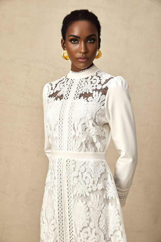 Ginetta White Midi Dress Panelled Cut Out Floral Embroidery Long Sleeve Mock Neck Calf Length Rayon Terylene Blend