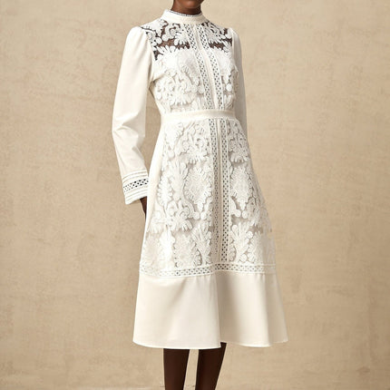 Ginetta White Midi Dress Panelled Cut Out Mock Neck Long Sleeves Floral Embroidery Calf Length Rear Zip Fastening