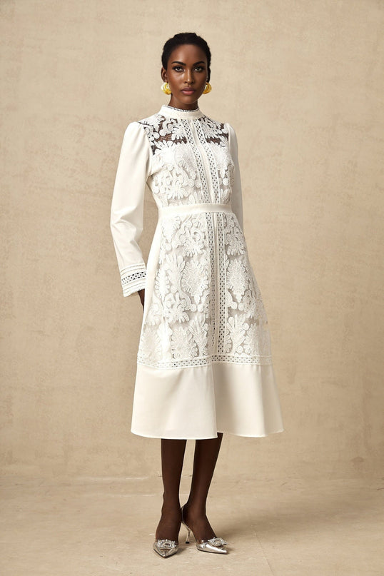 Ginetta White Midi Dress Panelled Cut Out Mock Neck Long Sleeves Floral Embroidery Calf Length Rear Zip Fastening