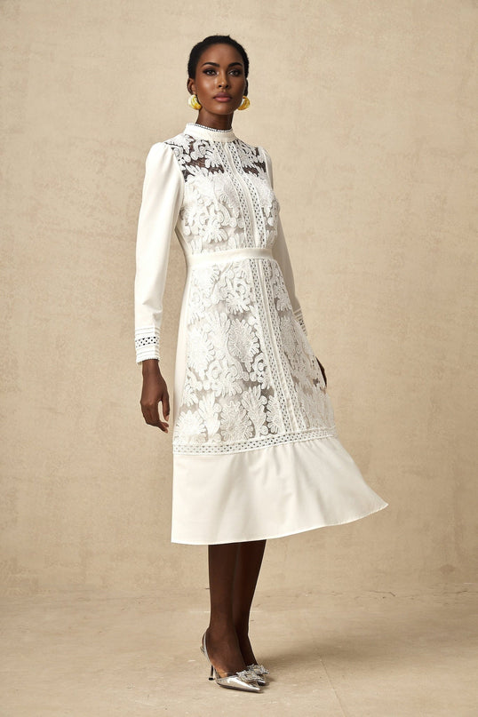 Ginetta White Midi Dress Panelled Cut Out
