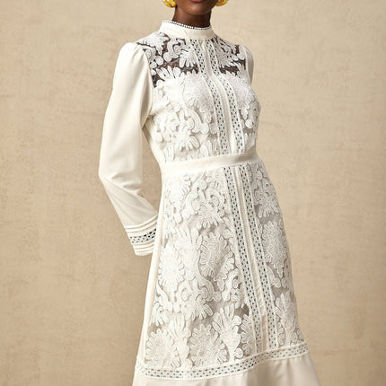 Ginetta White Midi Dress Panelled Cut Out mock neck long sleeves floral embroidery calf length rear zip fastening luxurious blend Terylene Rayon elegance grace
