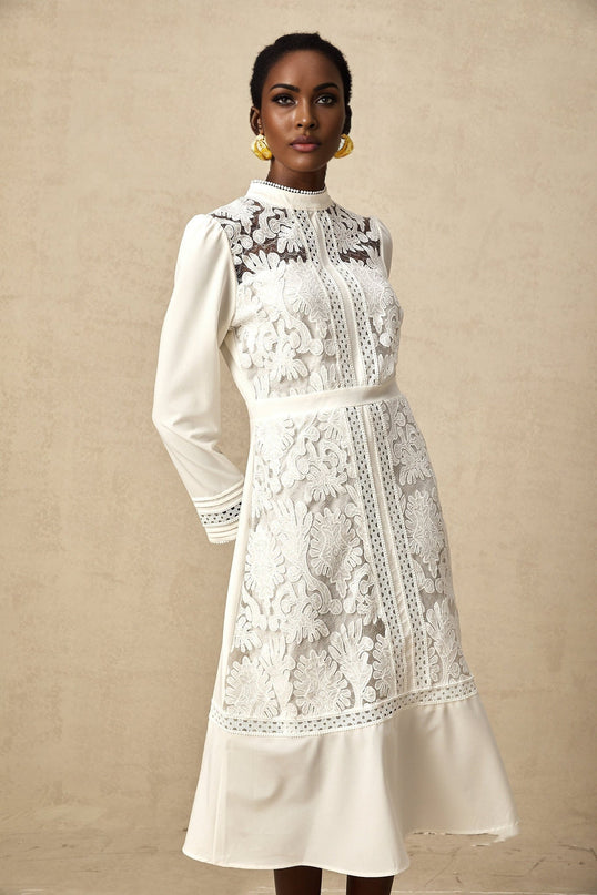 Ginetta White Midi Dress Panelled Cut Out mock neck long sleeves floral embroidery calf length rear zip fastening luxurious blend Terylene Rayon elegance grace