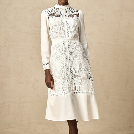 Ginetta White Midi Dress Panelled Cut Out Mock Neck Long Sleeves Floral Embroidery Calf Length Zip Fastening
