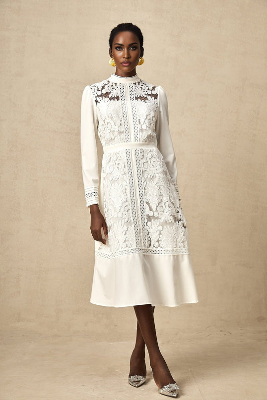 Ginetta White Midi Dress Panelled Cut Out Mock Neck Long Sleeves Floral Embroidery Calf Length Zip Fastening