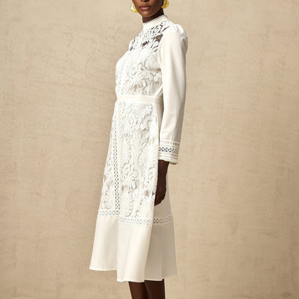 Ginetta White Midi Dress Panelled Cut Out Mock Neck Long Sleeves Floral Embroidery Calf Length Zip Fastening