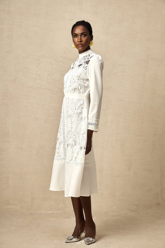 Ginetta White Midi Dress Panelled Cut Out Mock Neck Long Sleeves Floral Embroidery Calf Length Zip Fastening