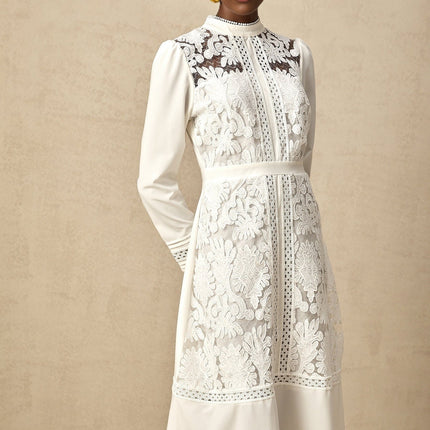 Ginetta White Midi Dress Panelled Cut Out Long Sleeve Floral Embroidery Elegant Sophisticated