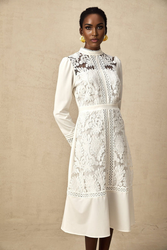 Ginetta White Midi Dress Panelled Cut Out Long Sleeve Floral Embroidery Elegant Sophisticated