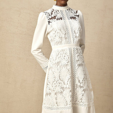 Ginetta White Midi Dress Panelled Cut Out with Floral Embroidery