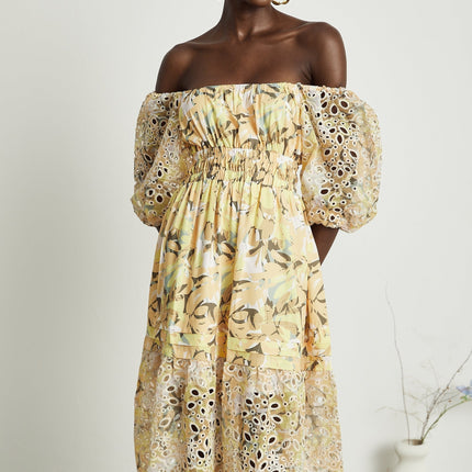 Ginetta Yellow Floral Midi Dress with Off-Shoulder Design and Cut-Out Detail