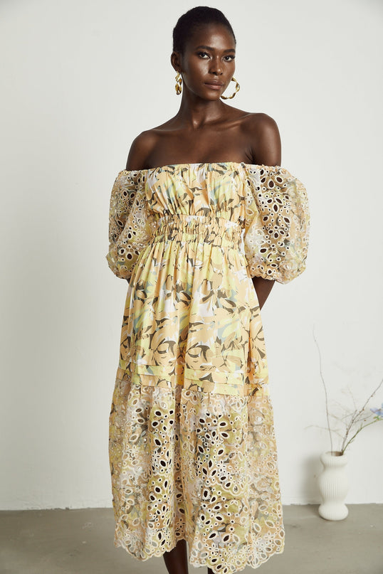 Ginetta Yellow Floral Midi Dress with Off-Shoulder Design and Cut-Out Detail