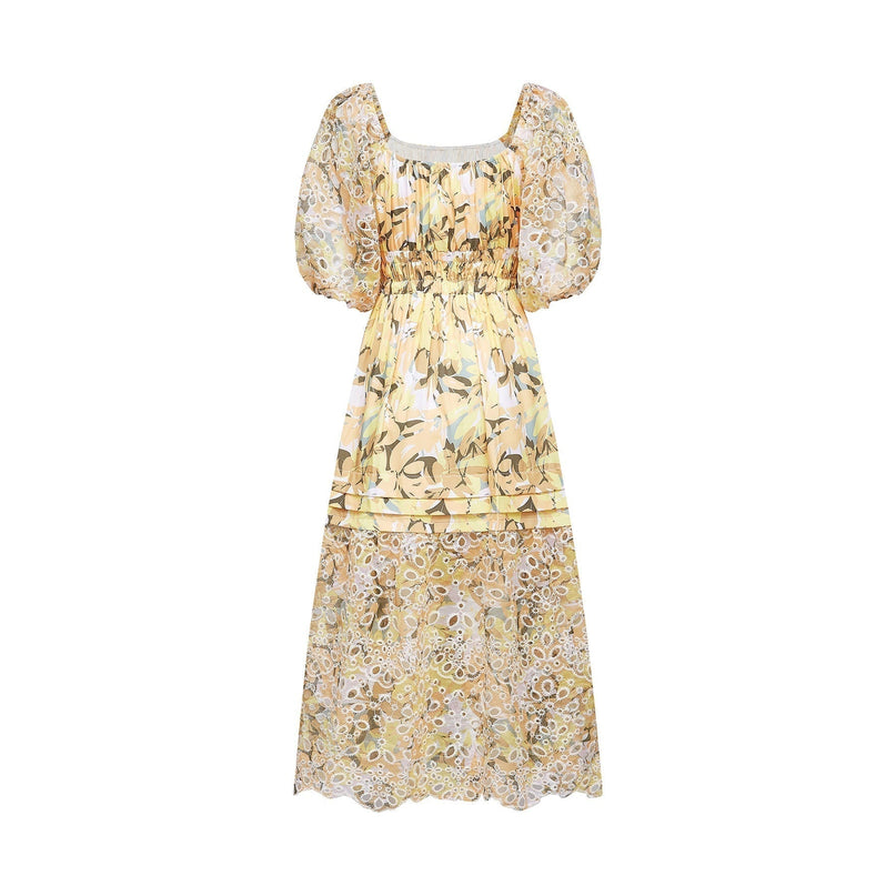 Ginetta Yellow Floral Midi Dress with Off-Shoulder Design and Cut-Out Detail