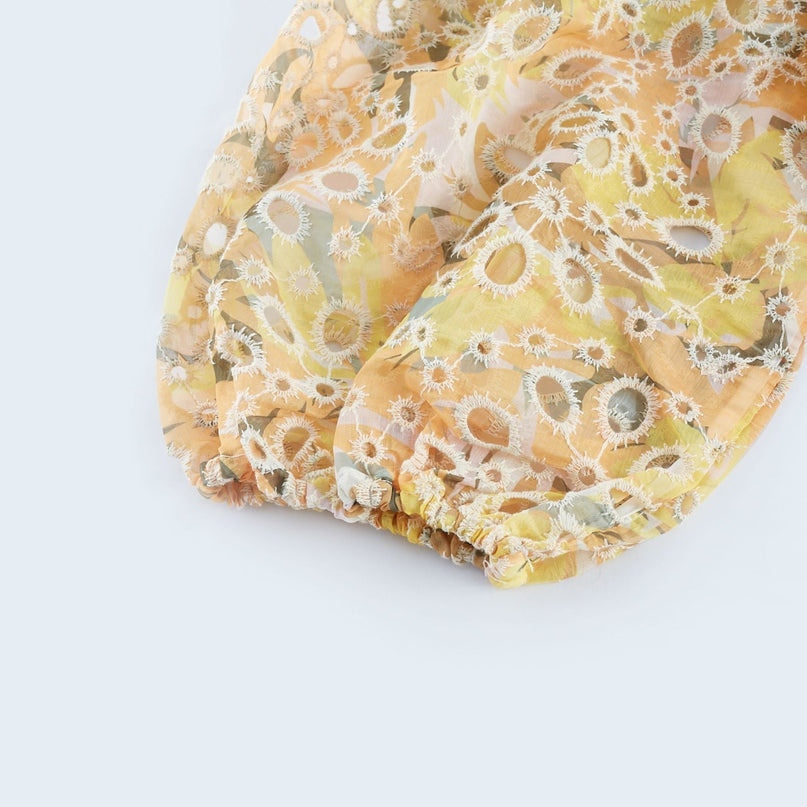 Ginetta Yellow Floral Midi Dress with Off-Shoulder Design and Cut-Out Detail