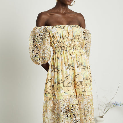 Ginetta Yellow Floral Midi Dress Off-Shoulder Cut-Out Detail Puff Sleeves A-Line Skirt