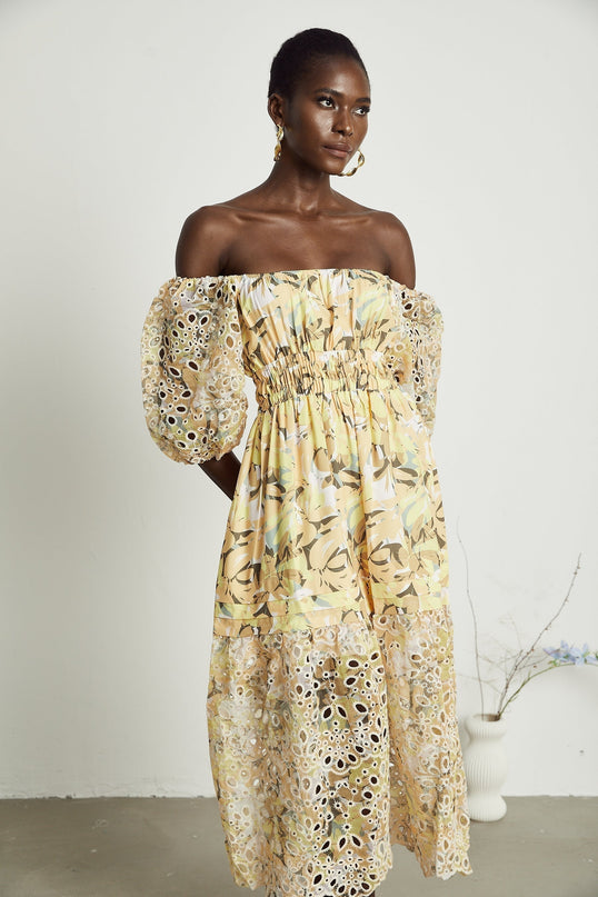 Ginetta Yellow Floral Midi Dress Off-Shoulder Cut-Out Detail Puff Sleeves A-Line Skirt