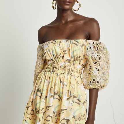 Ginetta Yellow Floral Midi Dress with Off-Shoulder Design and Cut-Out Detail in Luxurious Blend of Terylene and Viscose