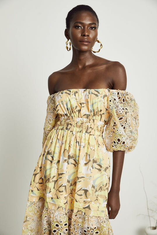 Ginetta Yellow Floral Midi Dress with Off-Shoulder Design and Cut-Out Detail in Luxurious Blend of Terylene and Viscose