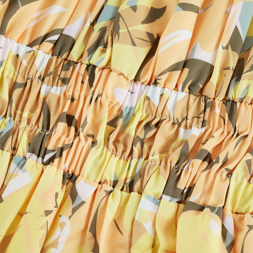 Ginetta Yellow Floral Midi Dress with Off-Shoulder Design and Puff Sleeves
