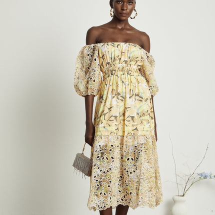 Ginetta Yellow Floral Midi Dress off-shoulder cut-out detail luxurious blend Terylene Viscose floral print layered design flounce hem A-line skirt puff sleeves midi length silhouette special occasion night out refined glamour modern woman wardrobe