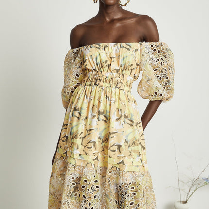Ginetta Yellow Floral Midi Dress off-shoulder cut-out detail Terylene Viscose floral print layered design flounce hem A-line skirt puff sleeves midi length silhouette special occasion night out refined glamour modern woman wardrobe