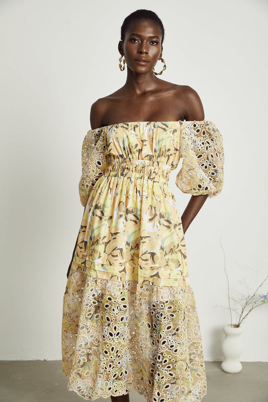 Ginetta Yellow Floral Midi Dress off-shoulder cut-out detail Terylene Viscose floral print layered design flounce hem A-line skirt puff sleeves midi length silhouette special occasion night out refined glamour modern woman wardrobe