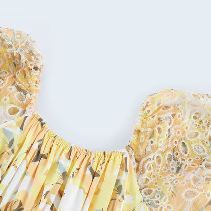 Ginetta Yellow Floral Midi Dress off-shoulder cut-out detail luxurious blend Terylene Viscose floral print layered design flounce hem A-line skirt puff sleeves midi length silhouette special occasion night out refined glamour modern woman wardrobe