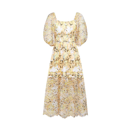 Ginetta Yellow Floral Midi Dress Off-Shoulder Cut-Out Detail Luxurious Blend A-Line Skirt Puff Sleeves Sophistication Special Occasion Night Out Refined Glamour Modern Woman Wardrobe