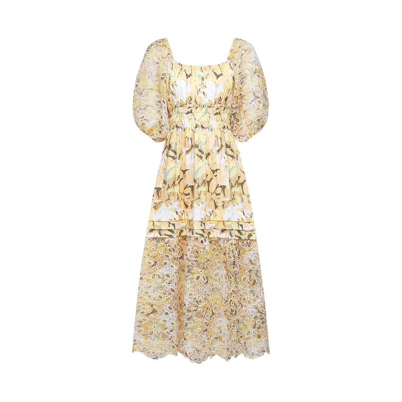 Ginetta Yellow Floral Midi Dress Off-Shoulder Cut-Out Detail Luxurious Blend A-Line Skirt Puff Sleeves Sophistication Special Occasion Night Out Refined Glamour Modern Woman Wardrobe