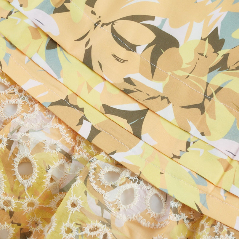 Ginetta Yellow Floral Midi Dress with Off-Shoulder Design and Cut-Out Detail