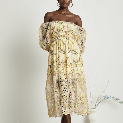 Ginetta Yellow Floral Midi Dress with Off-Shoulder Design and Cut-Out Detail