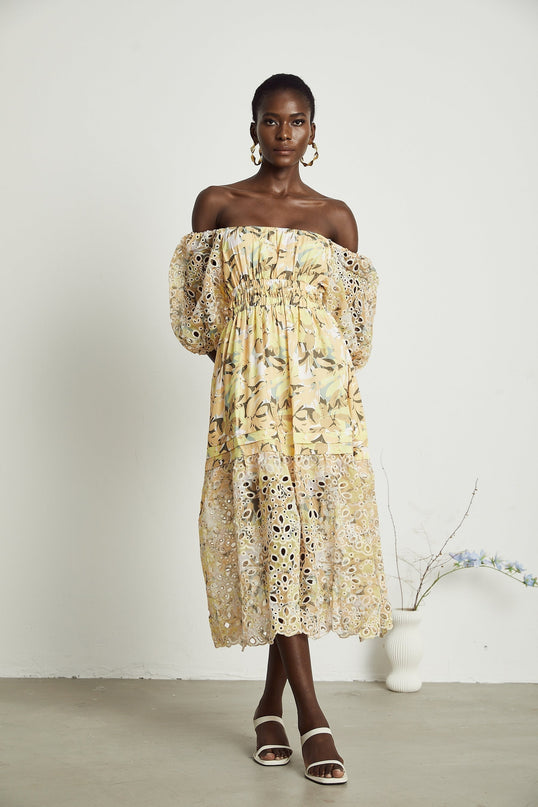 Ginetta Yellow Floral Midi Dress with Off-Shoulder Design and Cut-Out Detail