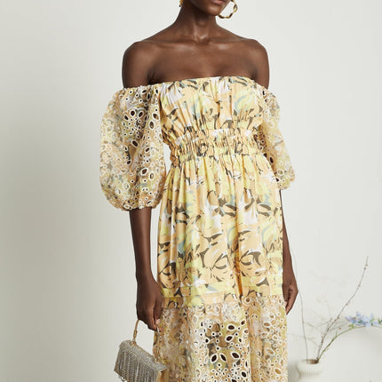 Ginetta Yellow Floral Midi Dress with Off-Shoulder Design and Cut-Out Detail