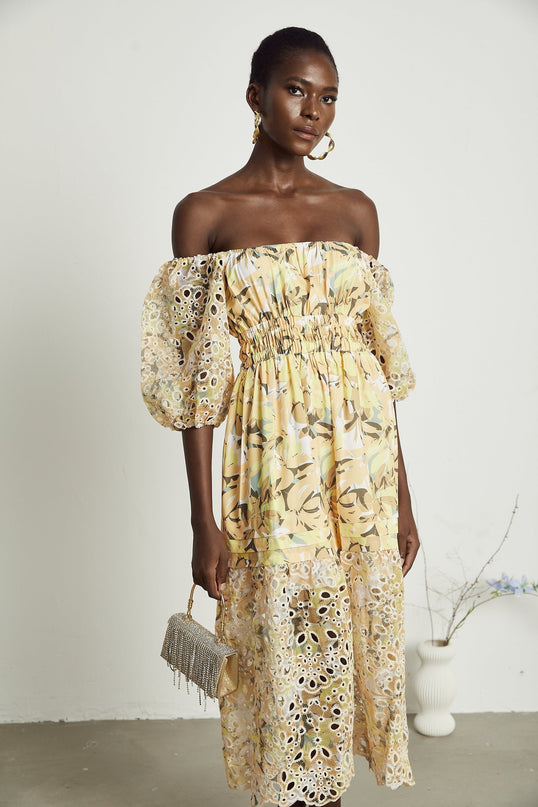 Ginetta Yellow Floral Midi Dress with Off-Shoulder Design and Cut-Out Detail