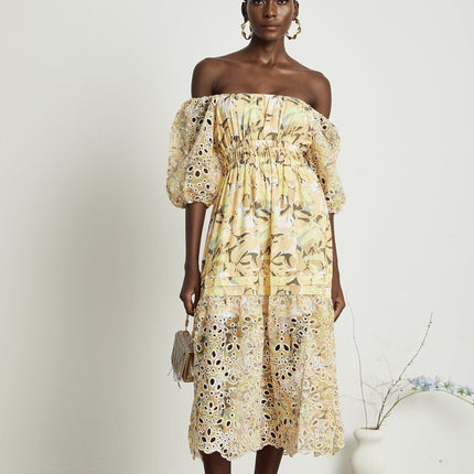 Ginetta Yellow Floral Midi Dress with Off-Shoulder Design and Cut-Out Detail