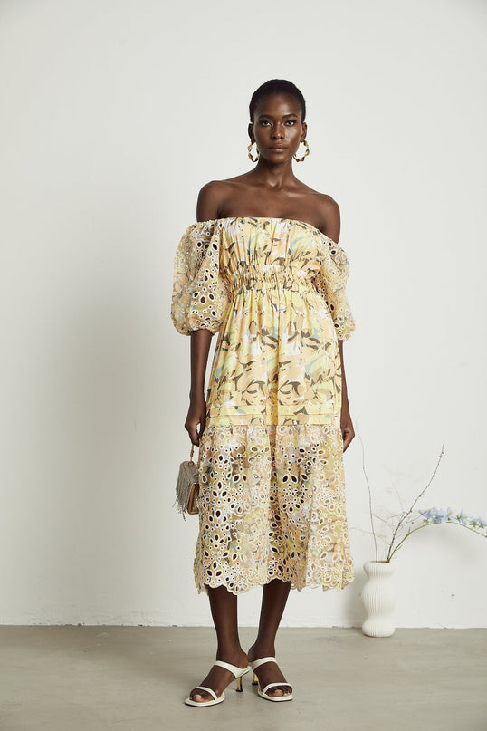 Ginetta Yellow Floral Midi Dress with Off-Shoulder Design and Cut-Out Detail