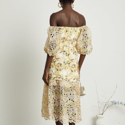 Ginetta Yellow Floral Midi Dress with Off-Shoulder Design and Layered A-line Skirt