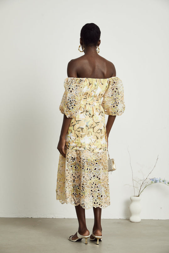 Ginetta Yellow Floral Midi Dress with Off-Shoulder Design and Layered A-line Skirt