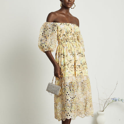 Ginetta Yellow Floral Midi Dress with Off-Shoulder Design and Cut-Out Detail