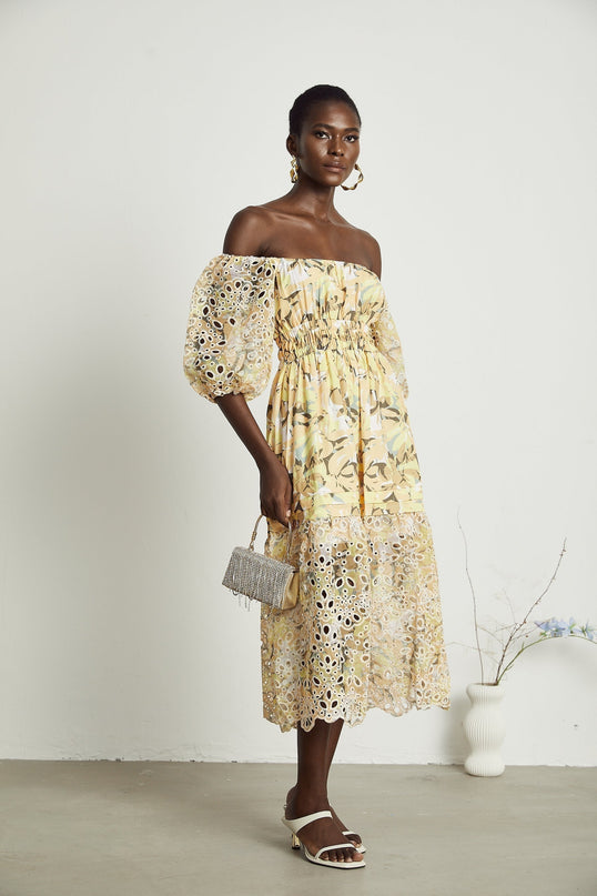 Ginetta Yellow Floral Midi Dress with Off-Shoulder Design and Cut-Out Detail