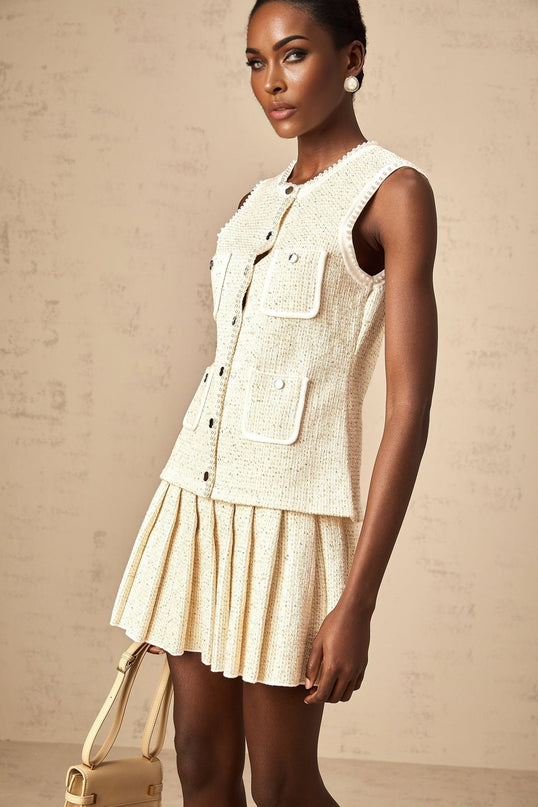 Ginevra Beige Sequin Knit Skirt Top Set