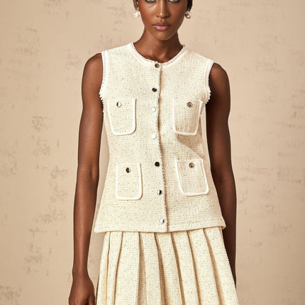 Ginevra Beige Sequin Knit Skirt Top Set Metallic Embellishments